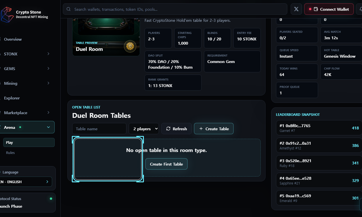 Arena Lobby desktop example screen