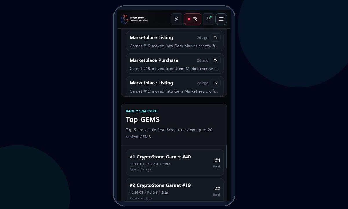 CryptoStone Garnet #27 mobile example screen