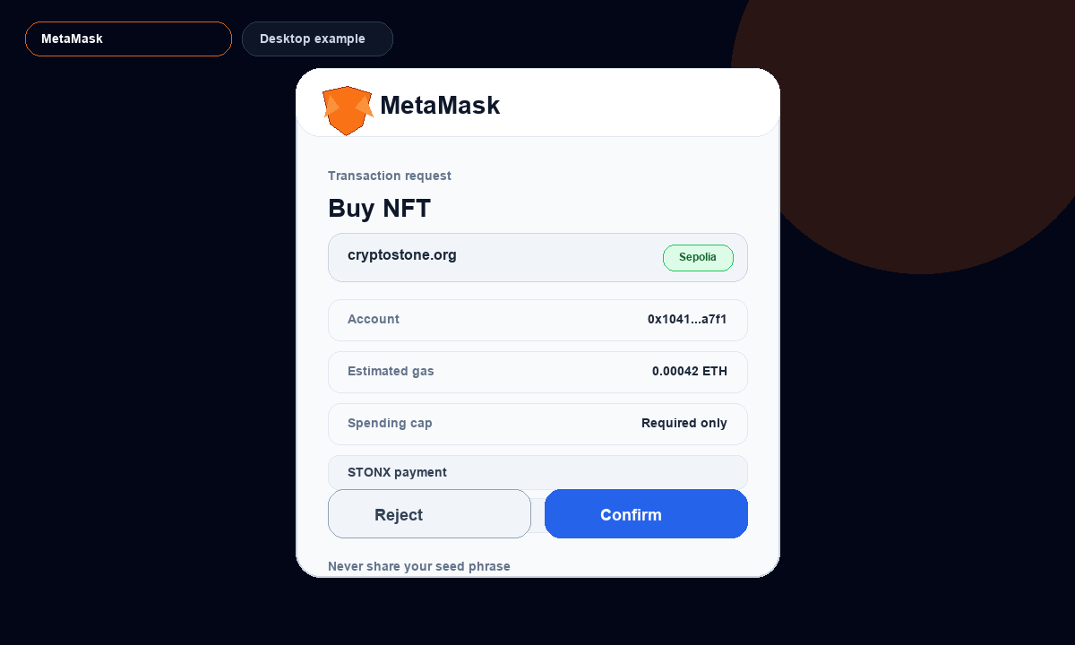 MetaMask desktop example screen