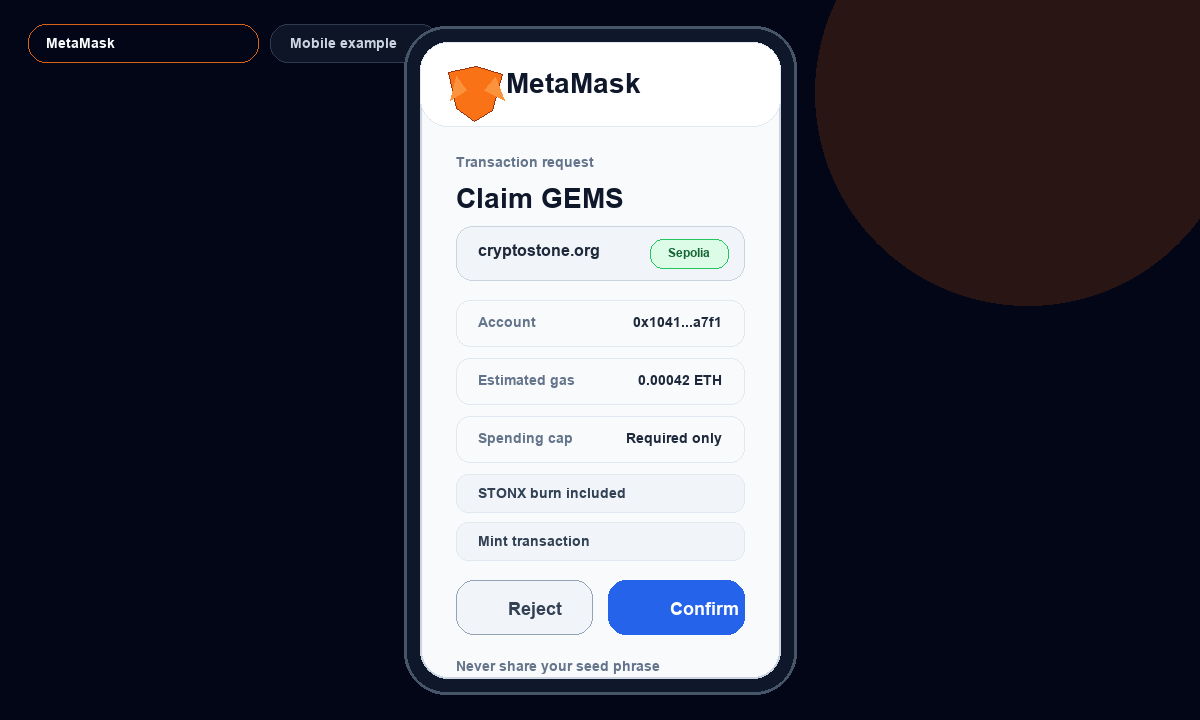 MetaMask mobile example screen