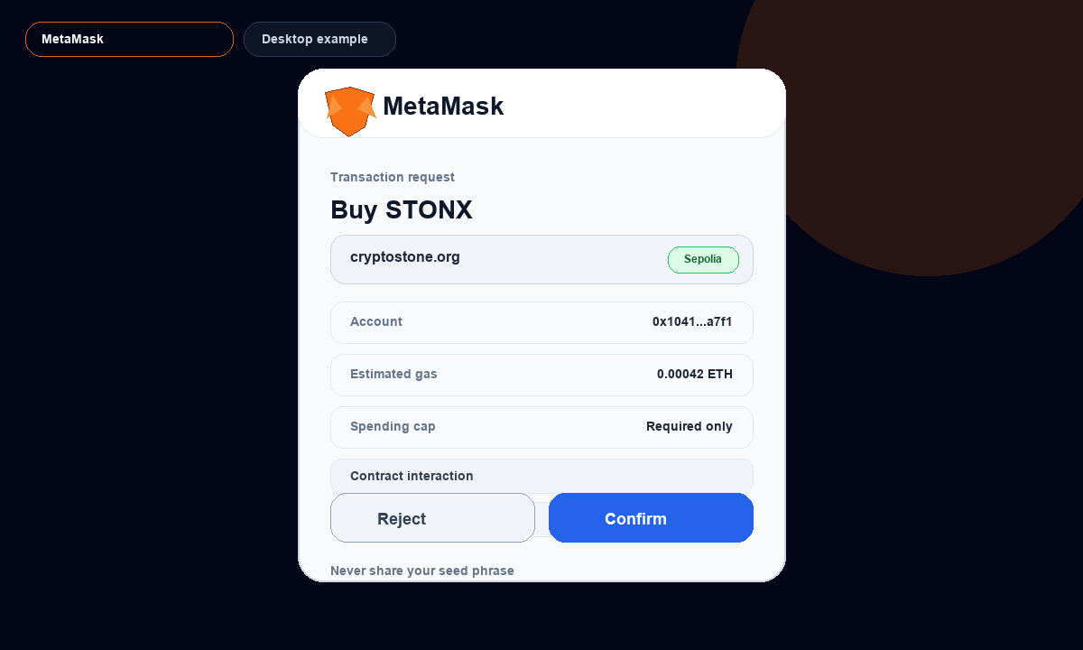 MetaMask desktop example screen